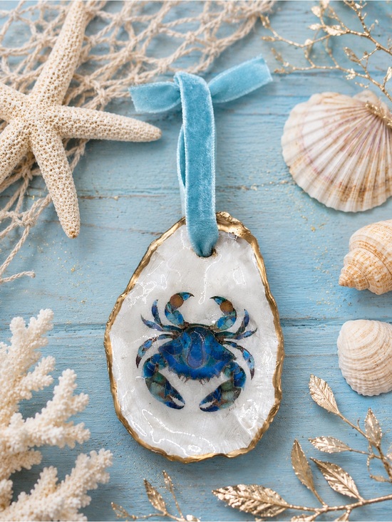 Other - Coastal Blue Crab Oyster Shell Ornament with Velvet Ribbon